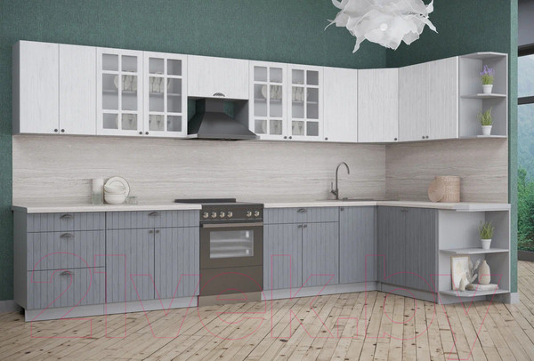 Изображение товара Кухонный гарнитур Интерлиния Берес 1.7x3.8 правая (дуб полярный/дуб серый/травертин серый)