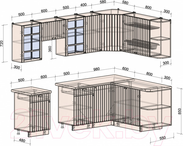 Изображение товара Кухонный гарнитур Интерлиния Берес 1.7x2.6 правая (дуб лазурный/дуб серый/серый каспий)