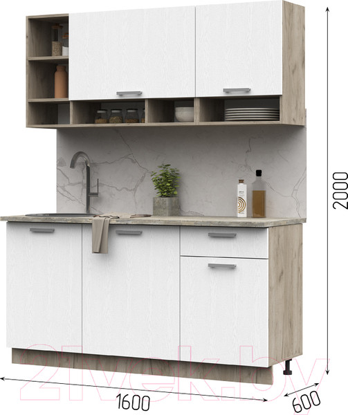 Изображение товара Кухонный гарнитур Стендмебель Рица 1.6 (белый текстура/дуб крафт серый)
