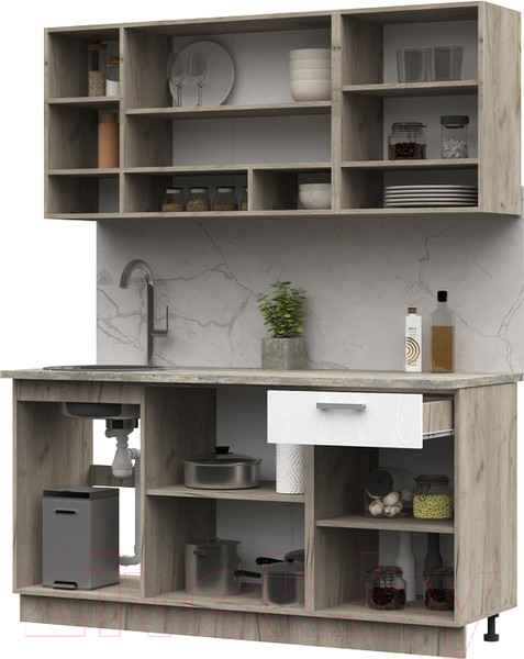Изображение товара Кухонный гарнитур Стендмебель Рица 1.6 (белый текстура/дуб крафт серый)