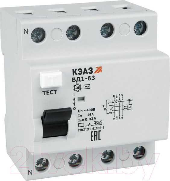 Изображение товара Устройство защитного отключения КЭАЗ ВД1-63 4п 40А 30мА тип AC 4240 УХЛ4 / 221949