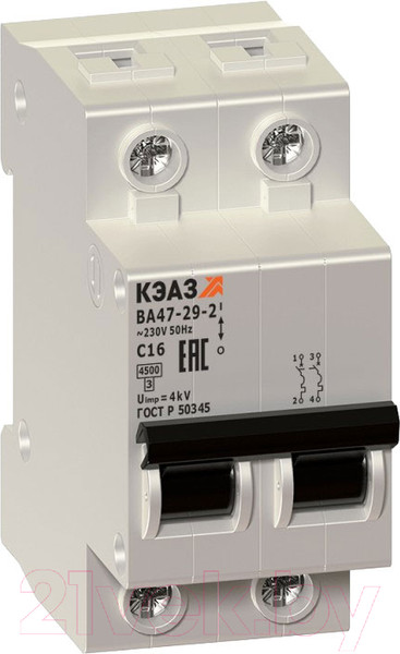 Изображение товара Выключатель автоматический КЭАЗ ВА47-29-2C16-УХЛ3 (4.5кА) / 318241