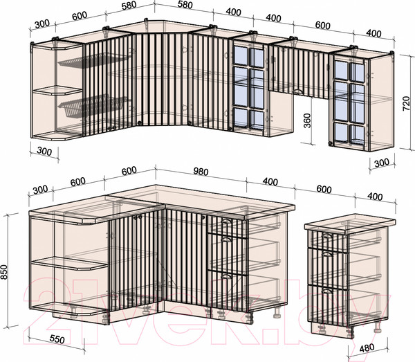 Изображение товара Кухонный гарнитур Интерлиния Берес 1.5x2.4 левая (дуб снежный/серый каспий)