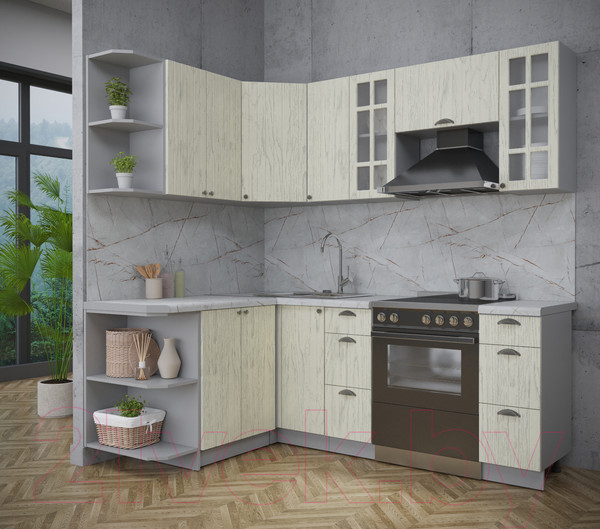 Изображение товара Кухонный гарнитур Интерлиния Берес 1.5x2.1 левая (дуб снежный/серый каспий)