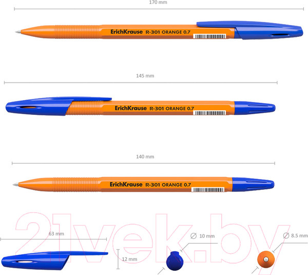 Изображение товара Набор шариковых ручек Erich Krause R-301 Orange Stick / 56614 (8шт, синий)