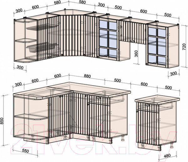 Изображение товара Кухонный гарнитур Интерлиния Берес 1.5x2.5 левая (дуб лазурный/дуб бунратти)