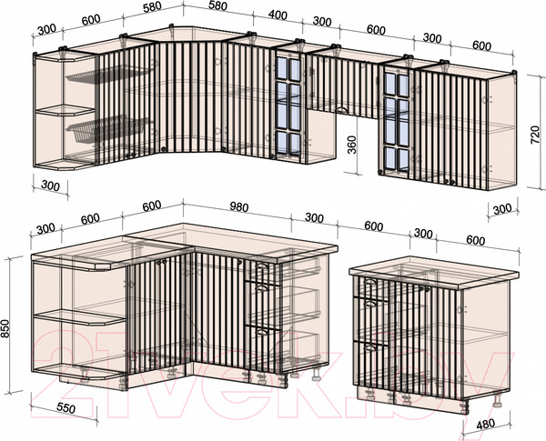 Изображение товара Кухонный гарнитур Интерлиния Берес 1.5x2.8 левая (дуб английский/бискайская сосна)