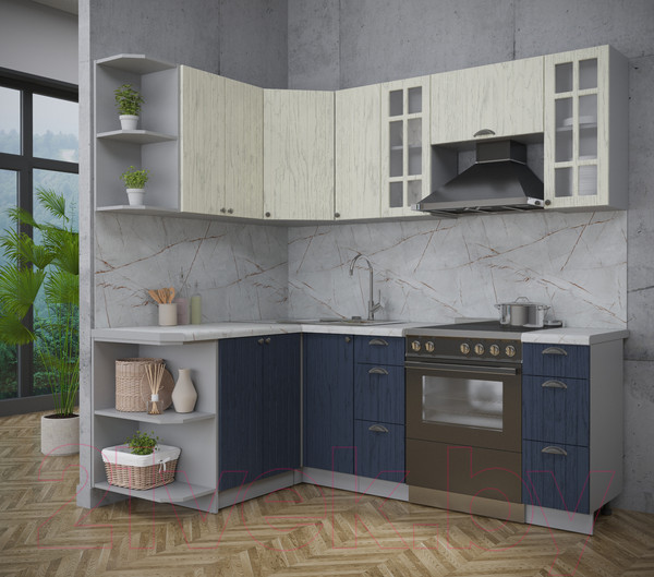 Изображение товара Кухонный гарнитур Интерлиния Берес 1.5x2.1 левая (дуб снежный/дуб королевский/серый каспий)