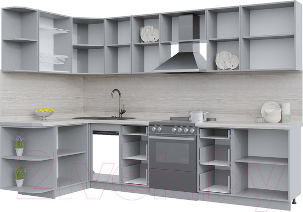 Изображение товара Кухонный гарнитур Интерлиния Берес 1.5x3.0 левая (дуб снежный/дуб королевский/серый каспий)