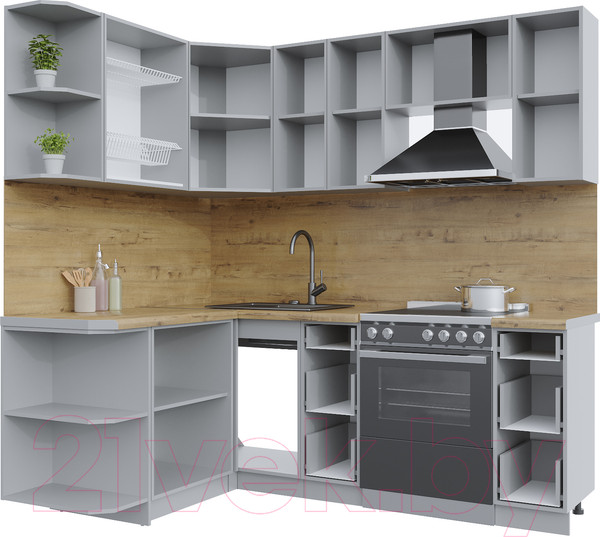 Изображение товара Кухонный гарнитур Интерлиния Берес 1.5x2.1 левая (дуб полярный/дуб серый/травертин серый)