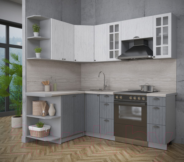 Изображение товара Кухонный гарнитур Интерлиния Берес 1.5x2.1 левая (дуб полярный/дуб серый/травертин серый)