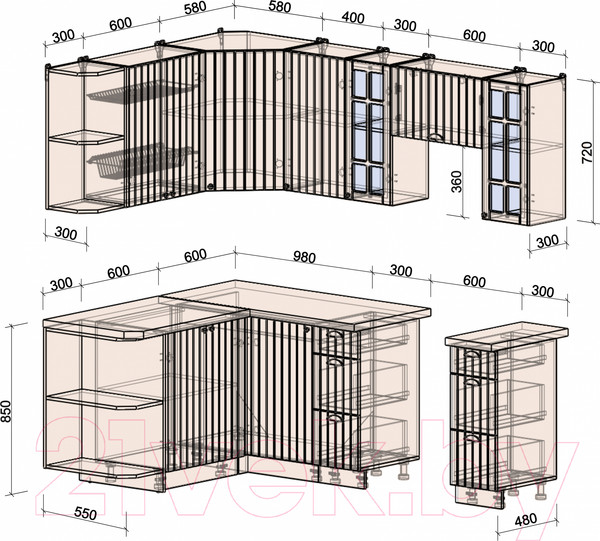 Изображение товара Кухонный гарнитур Интерлиния Берес 1.5x2.2 левая (дуб полярный/дуб серый/травертин серый)