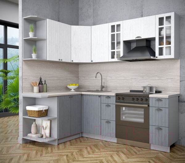 Изображение товара Кухонный гарнитур Интерлиния Берес 1.5x2.2 левая (дуб полярный/дуб серый/травертин серый)