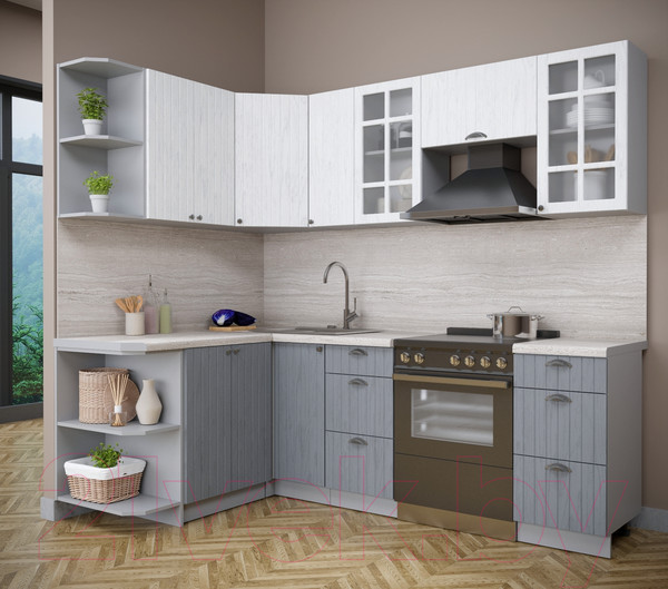 Изображение товара Кухонный гарнитур Интерлиния Берес 1.5x2.3 левая (дуб полярный/дуб серый/травертин серый)