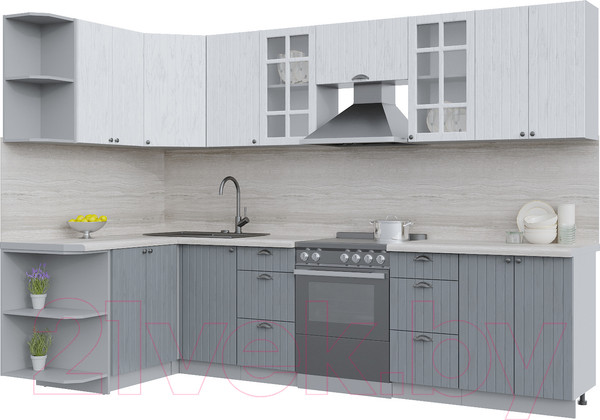 Изображение товара Кухонный гарнитур Интерлиния Берес 1.5x3.0 левая (дуб полярный/дуб серый/травертин серый)