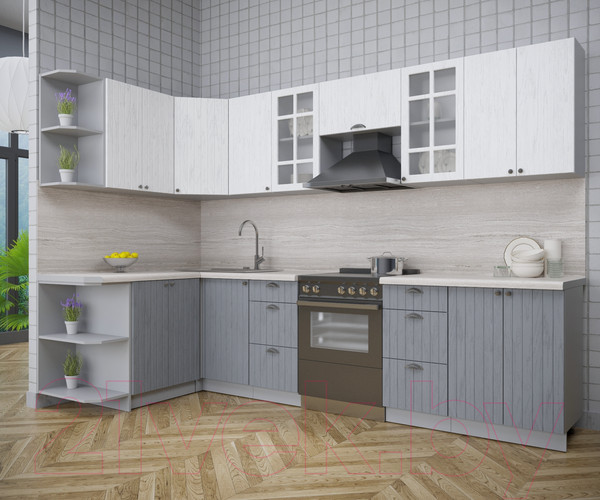 Изображение товара Кухонный гарнитур Интерлиния Берес 1.5x3.0 левая (дуб полярный/дуб серый/травертин серый)