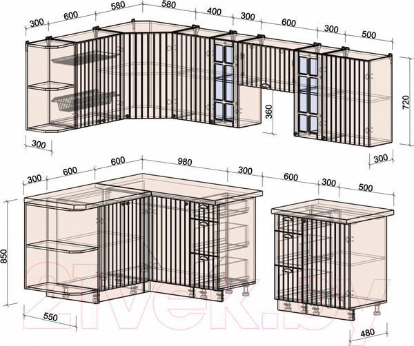 Изображение товара Кухонный гарнитур Интерлиния Берес 1.5x2.7 левая (дуб лазурный/дуб серый/серый каспий)