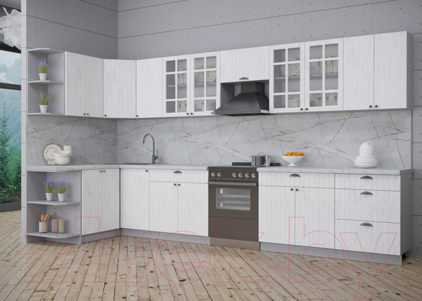 Изображение товара Кухонный гарнитур Интерлиния Берес 1.5x3.8 левая (дуб полярный/серый каспий)