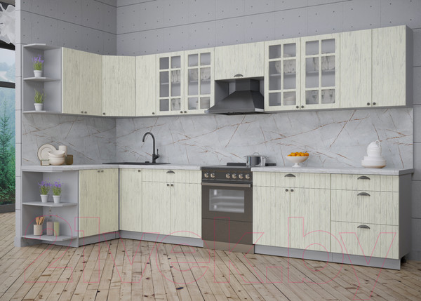 Изображение товара Кухонный гарнитур Интерлиния Берес 1.5x3.7 левая (дуб снежный/серый каспий)