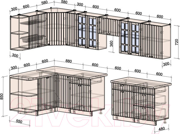Изображение товара Кухонный гарнитур Интерлиния Берес 1.5x3.3 левая (дуб английский/дуб полярный/кастилло темный)