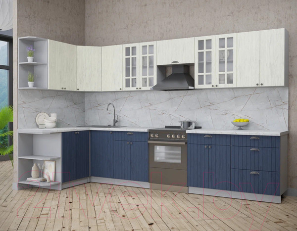 Изображение товара Кухонный гарнитур Интерлиния Берес 1.5x3.4 левая (дуб снежный/дуб королевский/серый каспий)