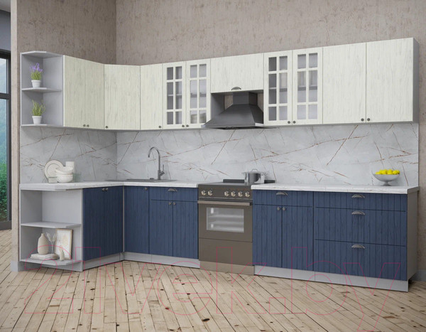 Изображение товара Кухонный гарнитур Интерлиния Берес 1.5x3.5 левая (дуб снежный/дуб королевский/серый каспий)