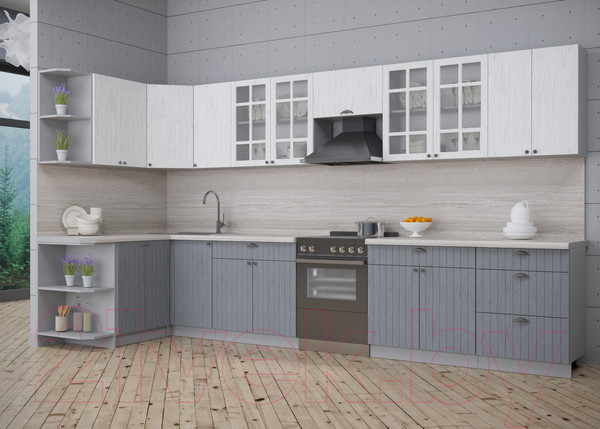 Изображение товара Кухонный гарнитур Интерлиния Берес 1.5x3.8 левая (дуб полярный/дуб серый/травертин серый)