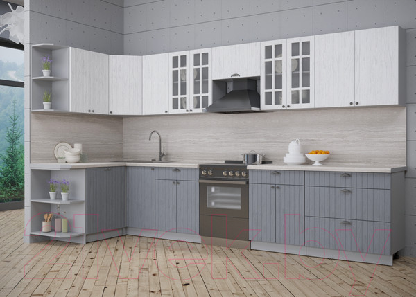 Изображение товара Кухонный гарнитур Интерлиния Берес 1.5x3.6 левая (дуб полярный/дуб серый/травертин серый)