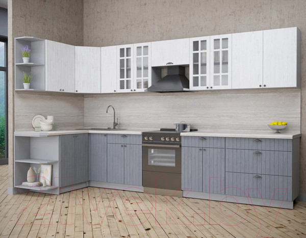 Изображение товара Кухонный гарнитур Интерлиния Берес 1.5x3.5 левая (дуб полярный/дуб серый/травертин серый)