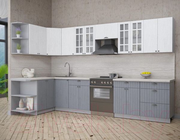 Изображение товара Кухонный гарнитур Интерлиния Берес 1.5x3.4 левая (дуб полярный/дуб серый/травертин серый)