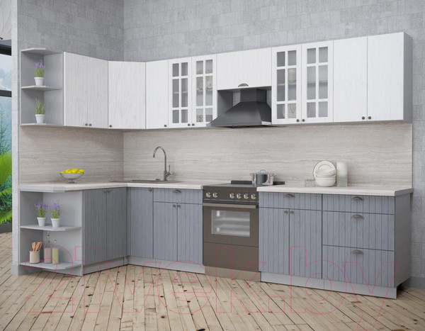 Изображение товара Кухонный гарнитур Интерлиния Берес 1.5x3.3 левая (дуб полярный/дуб серый/травертин серый)