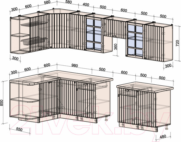 Изображение товара Кухонный гарнитур Интерлиния Берес 1.5x3.1 левая (дуб полярный/дуб серый/травертин серый)