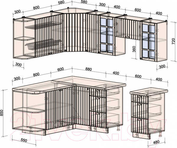 Изображение товара Кухонный гарнитур Интерлиния Берес 1.7x2.3 левая (дуб лазурный/дуб бунратти)