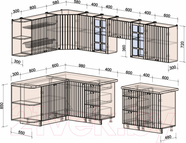 Изображение товара Кухонный гарнитур Интерлиния Берес 1.7x3.0 левая (дуб английский/бискайская сосна)