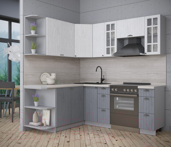 Изображение товара Кухонный гарнитур Интерлиния Берес 1.7x2.1 левая (дуб полярный/дуб серый/травертин серый)