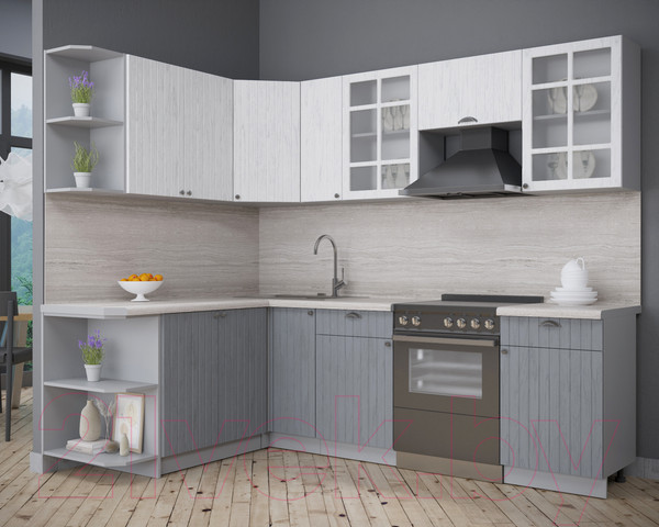 Изображение товара Кухонный гарнитур Интерлиния Берес 1.7x2.5 левая (дуб полярный/дуб серый/травертин серый)