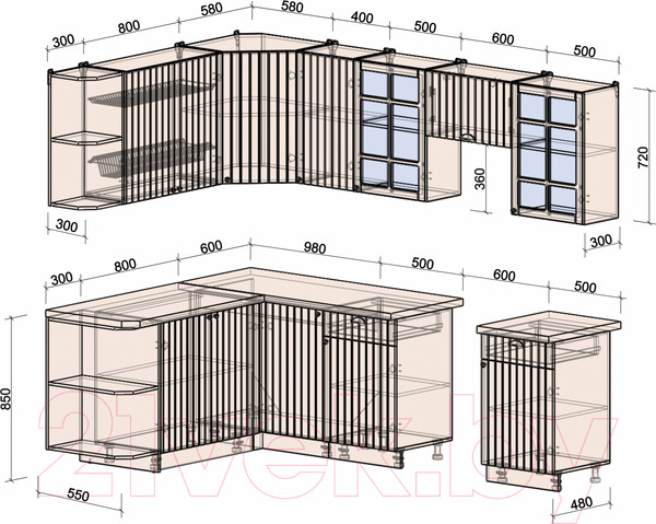 Изображение товара Кухонный гарнитур Интерлиния Берес 1.7x2.6 левая (дуб полярный/дуб серый/травертин серый)