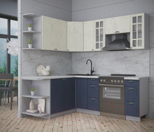 Изображение товара Кухонный гарнитур Интерлиния Берес 1.7x2.1 левая (дуб снежный/дуб королевский/серый каспий)