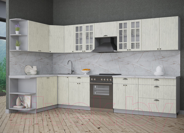 Изображение товара Кухонный гарнитур Интерлиния Берес 1.7x3.5 левая (дуб снежный/серый каспий)