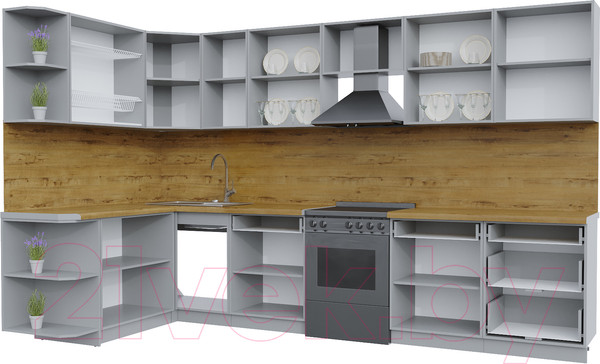 Изображение товара Кухонный гарнитур Интерлиния Берес 1.7x3.4 левая (дуб лазурный/дуб бунратти)
