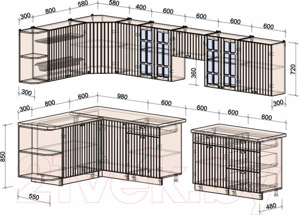 Изображение товара Кухонный гарнитур Интерлиния Берес 1.7x3.4 левая (дуб снежный/дуб королевский/серый каспий)