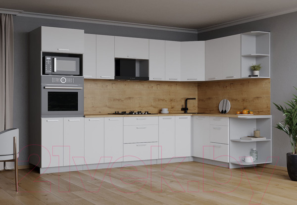 Изображение товара Кухонный гарнитур Интерлиния Мила Лайт 1.68x3.0 правая (белый платинум/белый платинум/дуб бунратти)