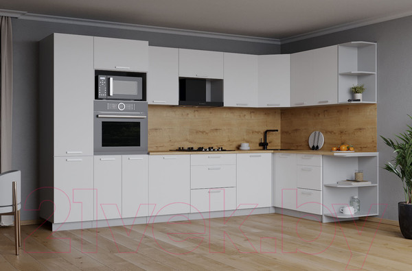 Изображение товара Кухонный гарнитур Интерлиния Мила Лайт 1.68x3.2 правая (белый платинум/белый платинум/дуб бунратти)