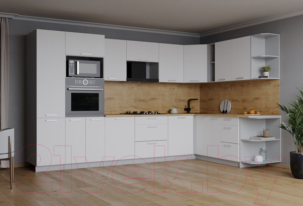 Изображение товара Кухонный гарнитур Интерлиния Мила Лайт 1.88x3.2 правая (белый платинум/белый платинум/дуб бунратти)