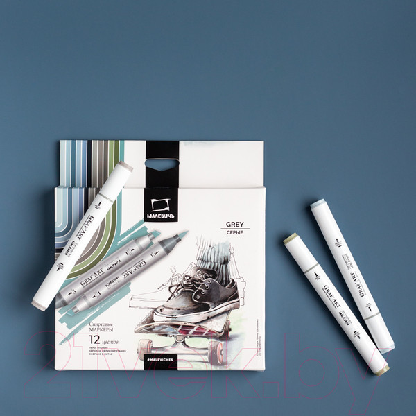 Изображение товара Набор маркеров Малевичъ GrafArt Brush / 190910 (12 цветов, серый)