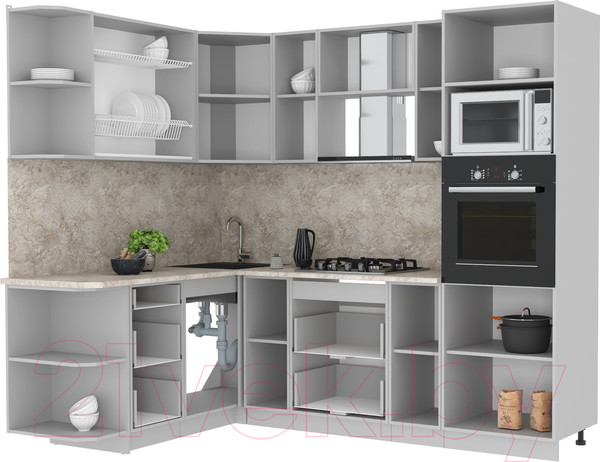 Изображение товара Кухонный гарнитур Интерлиния Мила Лайт 1.68x2.4 левая (белый платинум/бетон/бискайская сосна)