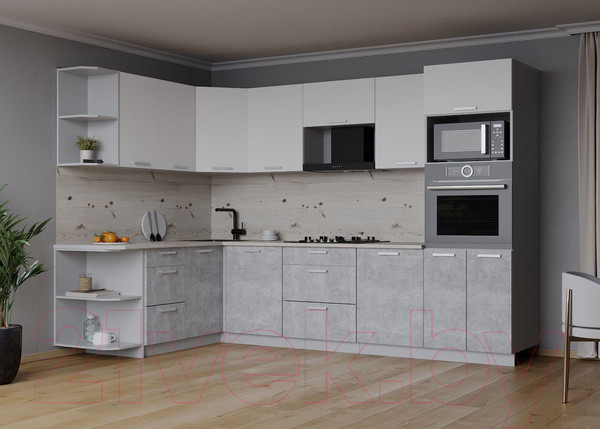 Изображение товара Кухонный гарнитур Интерлиния Мила Лайт 1.68x2.8 левая (белый платинум/бетон/бискайская сосна)