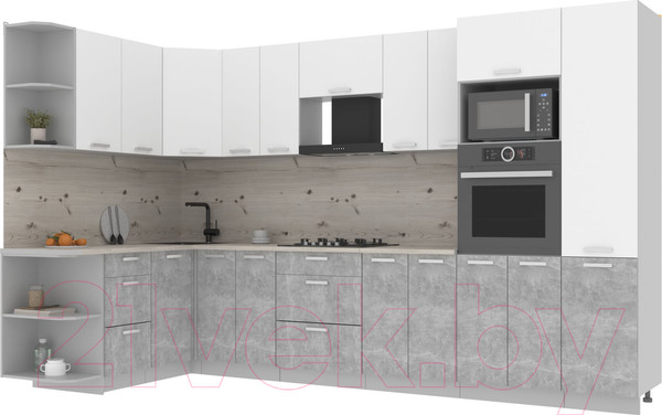 Изображение товара Кухонный гарнитур Интерлиния Мила Лайт 1.68x3.4 левая (белый платинум/бетон/бискайская сосна)
