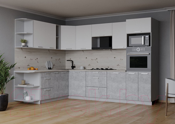 Изображение товара Кухонный гарнитур Интерлиния Мила Лайт 1.88x2.8 левая (белый платинум/бетон/бискайская сосна)