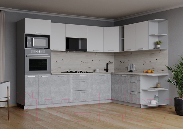 Изображение товара Кухонный гарнитур Интерлиния Мила Лайт 1.88x3.0 левая (белый платинум/бетон/бискайская сосна)